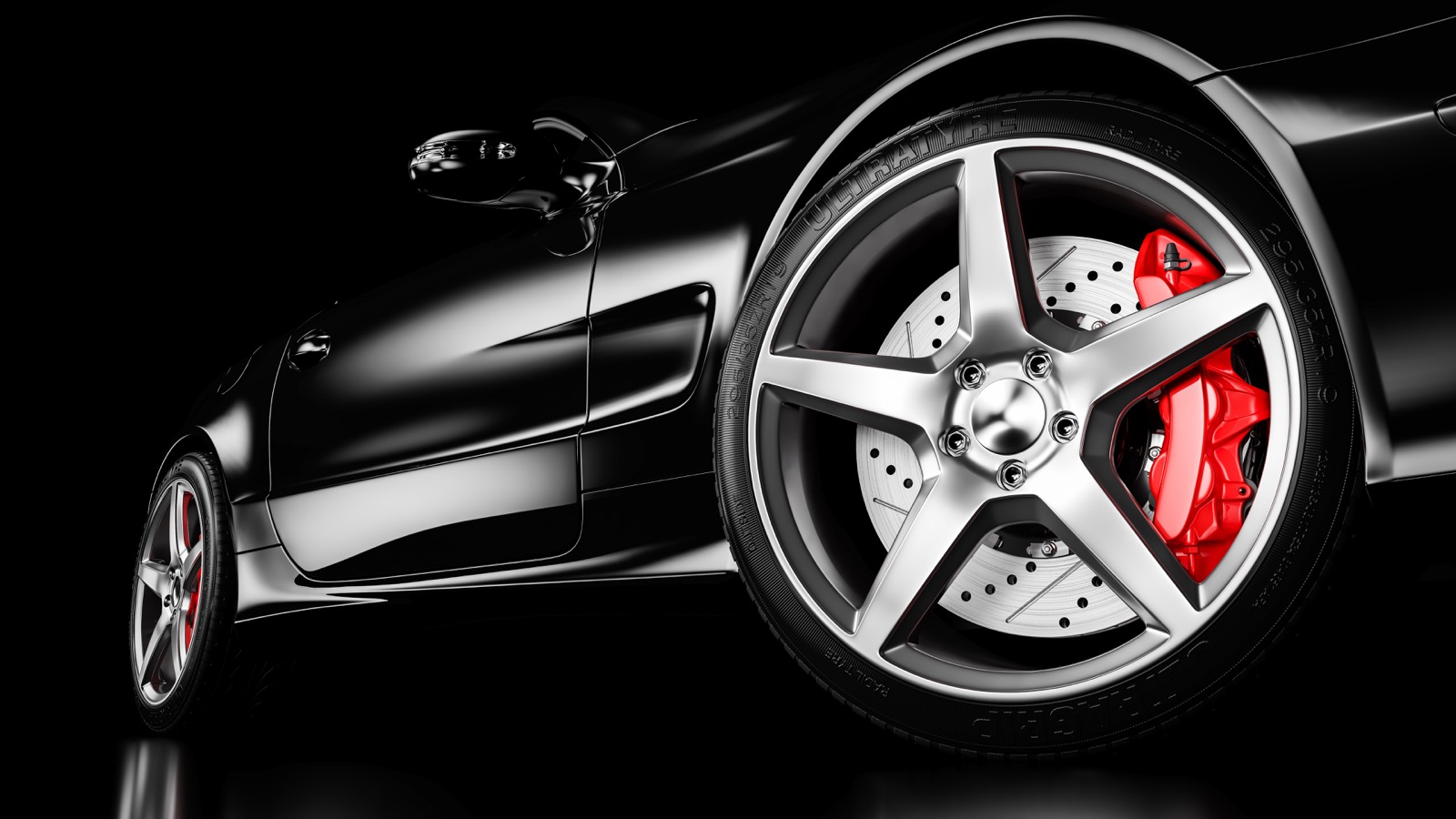Close view of a performance wheel and brake assembly